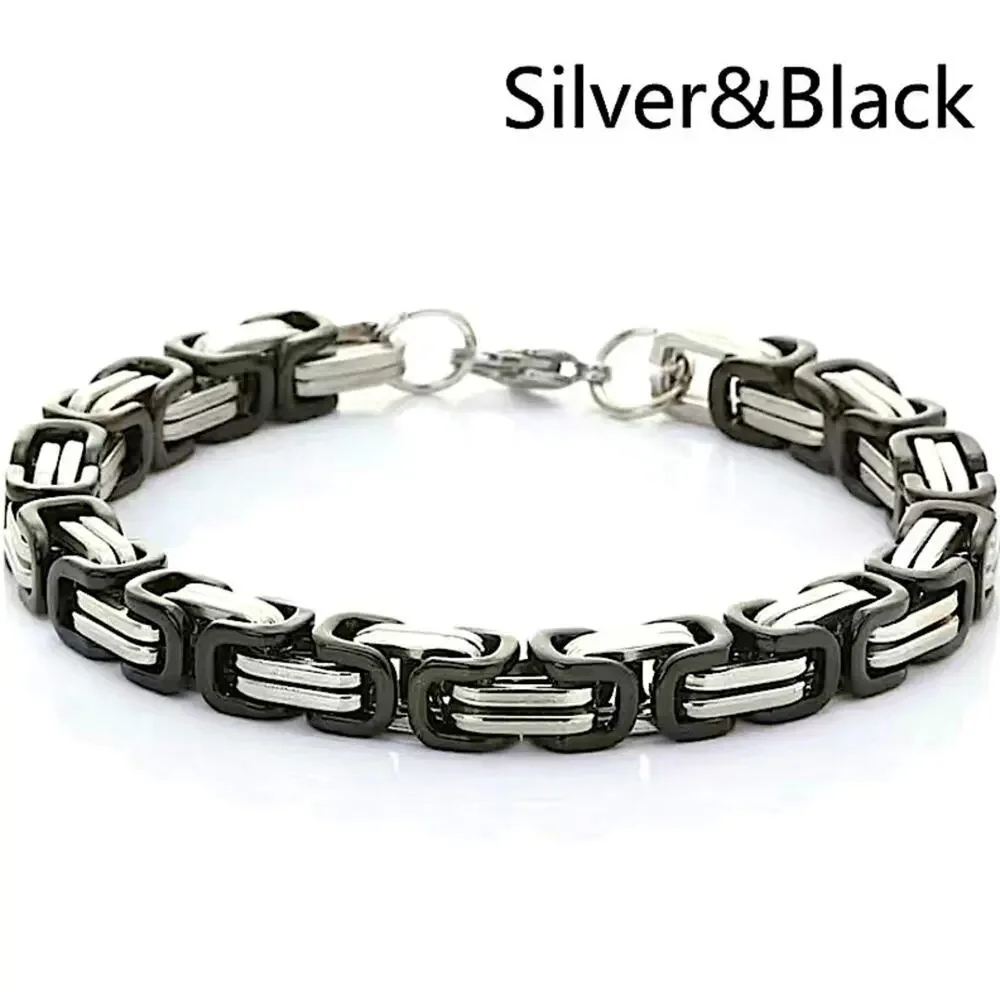 STAINLESS STEEL BYZANTINE MECHANIC SILVER BLACK BIKER BRACELET